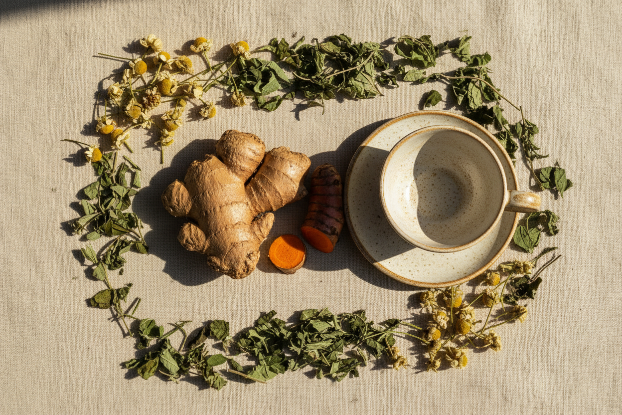 Natural roots and herbs for tea with ceramic cup and saucer